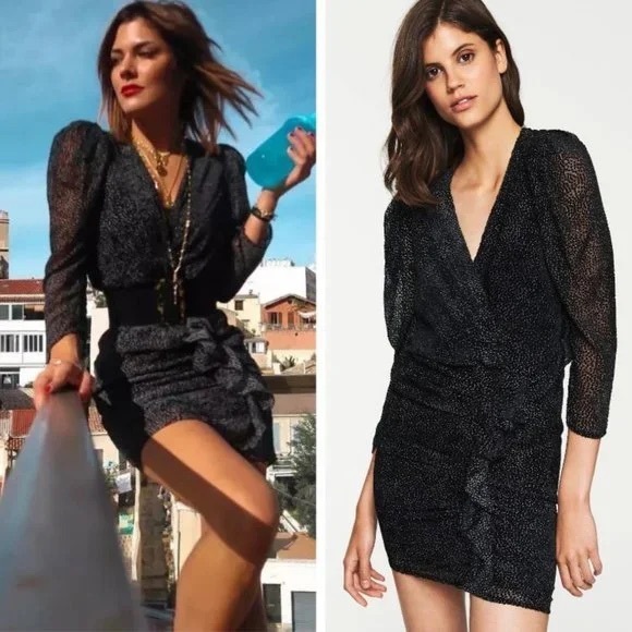 Ba&sh Celia Black Velvet Dot Ruffle Mini Dress - Picture 2 of 8
